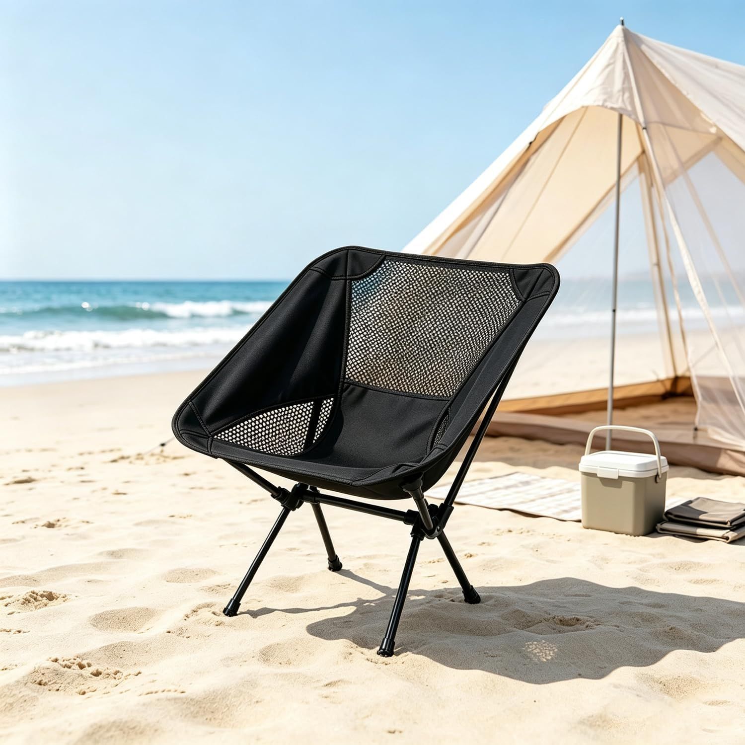 Portable Folding Moon Chair with Carry Bag, Lightweight Aluminium Outdoor Seat for Camping, Hiking, Beach, Fishing and Picnics, Black
