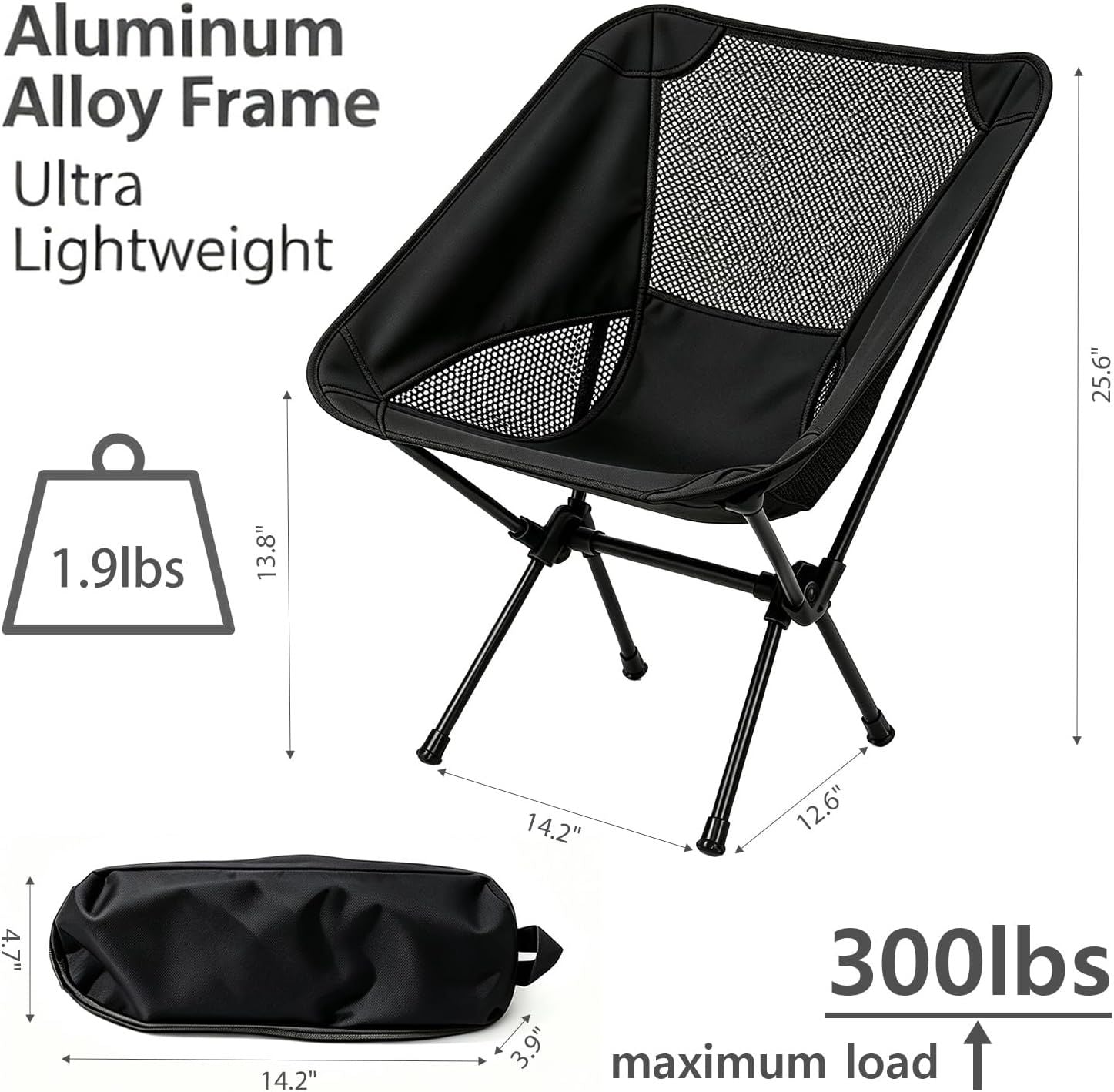 Portable Folding Moon Chair with Carry Bag, Lightweight Aluminium Outdoor Seat for Camping, Hiking, Beach, Fishing and Picnics, Black