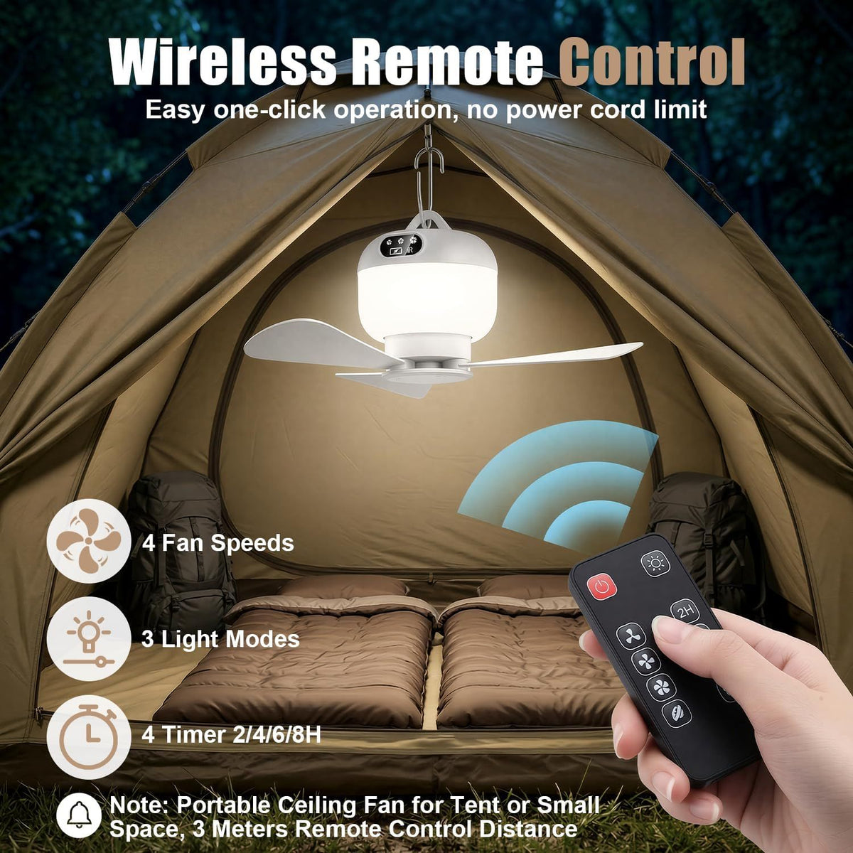 Rechargeable Camping Fan with Light and Remote, Portable Hanging Tent Fan with 3 Speeds, 3 Light Modes and Timer for Travel and Outdoors