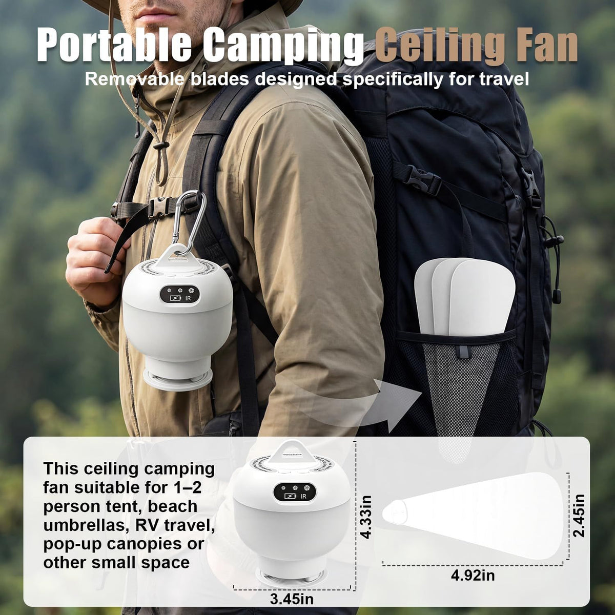 Rechargeable Camping Fan with Light and Remote, Portable Hanging Tent Fan with 3 Speeds, 3 Light Modes and Timer for Travel and Outdoors