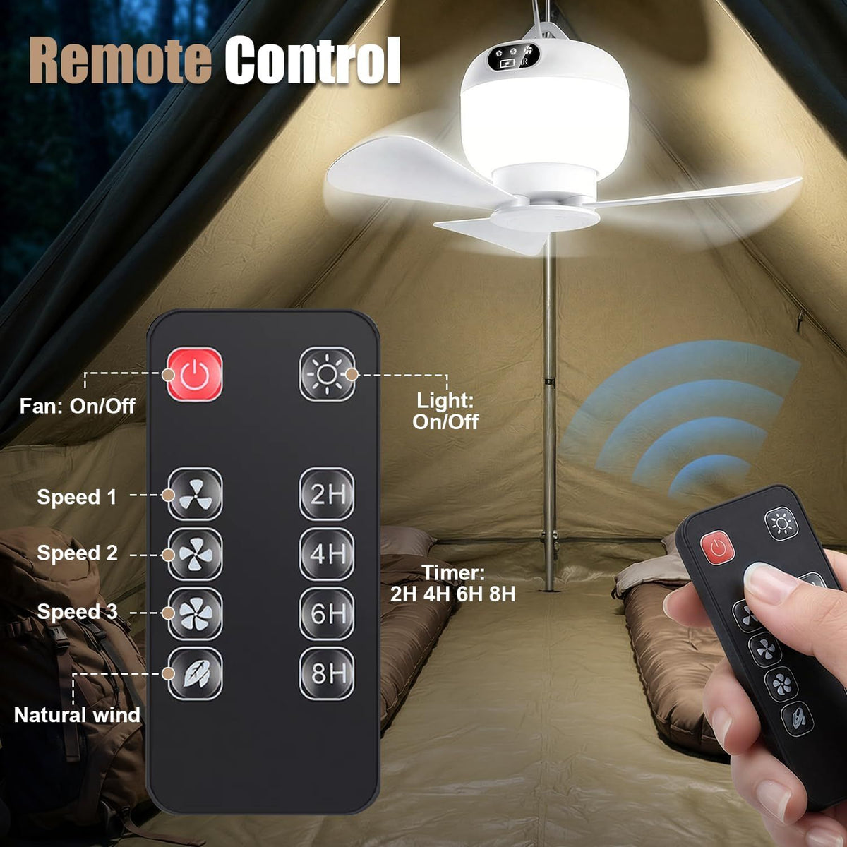 Rechargeable Camping Fan with Light and Remote, Portable Hanging Tent Fan with 3 Speeds, 3 Light Modes and Timer for Travel and Outdoors