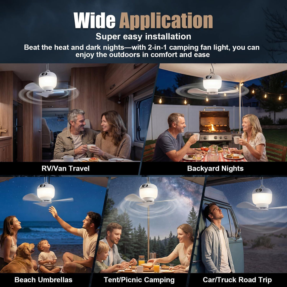 Rechargeable Camping Fan with Light and Remote, Portable Hanging Tent Fan with 3 Speeds, 3 Light Modes and Timer for Travel and Outdoors
