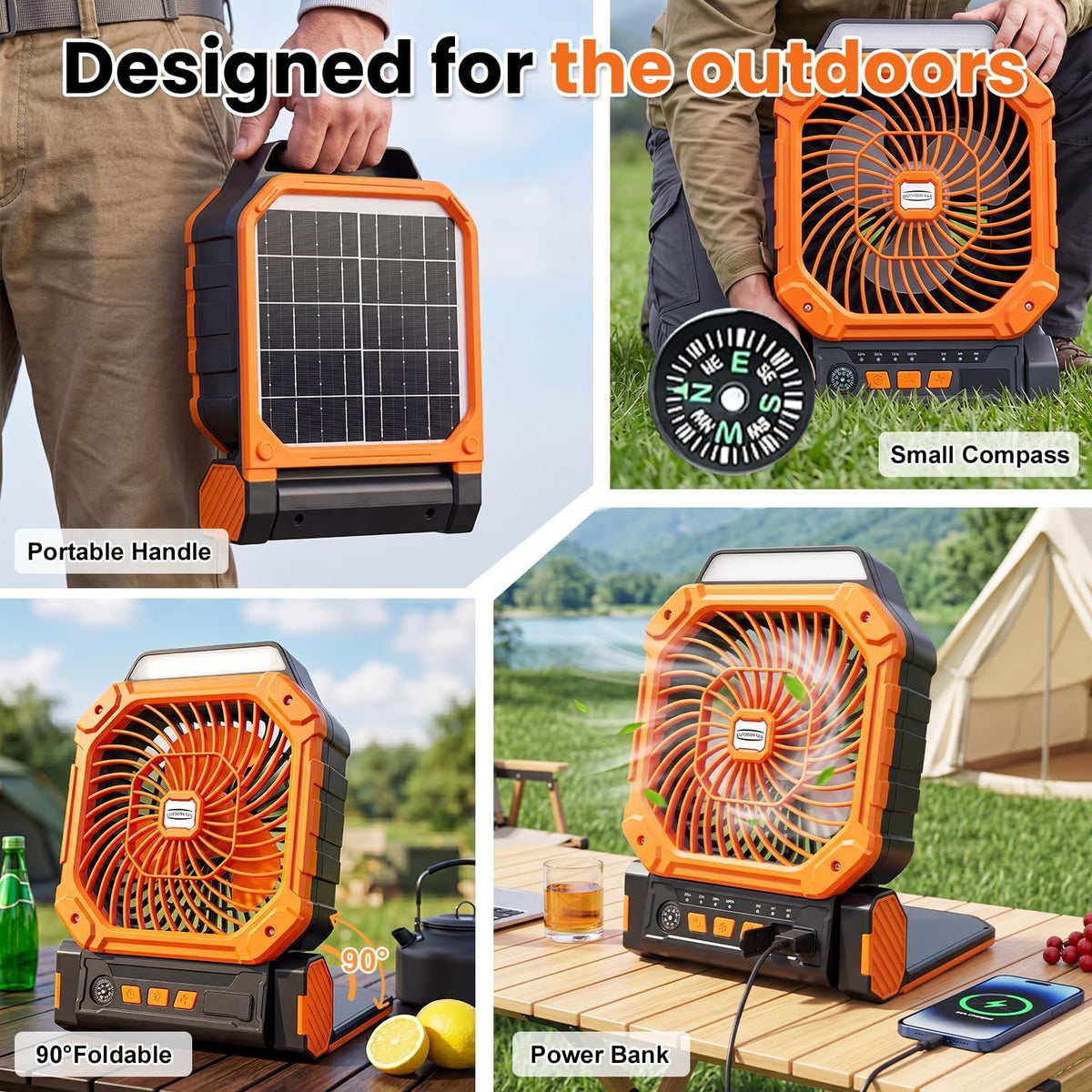 Four Function Solar Camping Fan with LED Light and Compass, Rechargeable Portable Tent Fan with 4 Speeds and 3 Timer Settings
