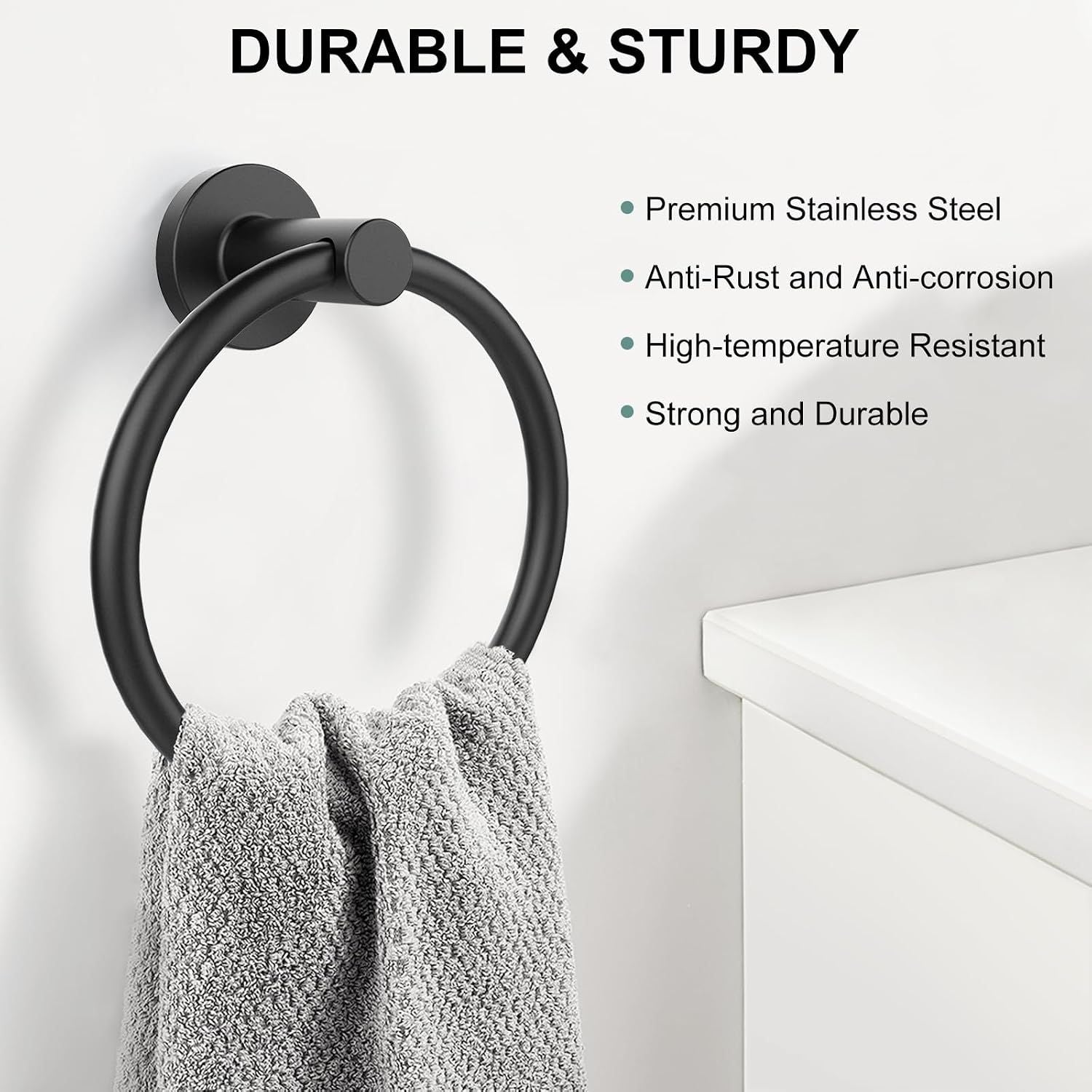 Towel Holder for Bathroom Wall Towel Ring, Stainless Steel Hand Towel Holder Heavy-Duty Towel Hanger for Bath, Kitchen, Matte Black