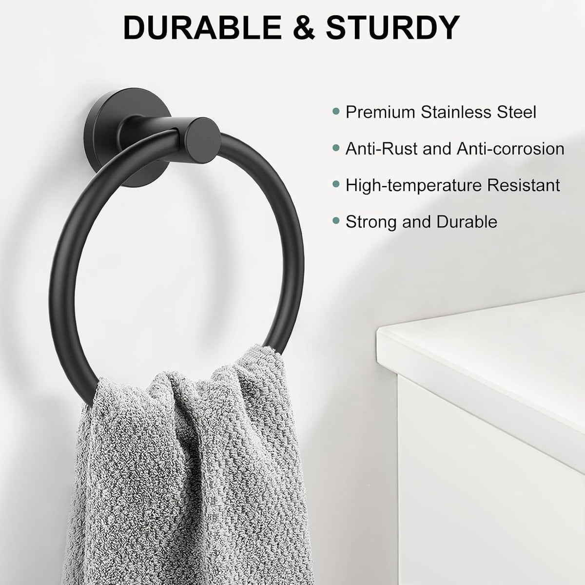 Towel Holder for Bathroom Wall Towel Ring, Stainless Steel Hand Towel Holder Heavy-Duty Towel Hanger for Bath, Kitchen, Matte Black