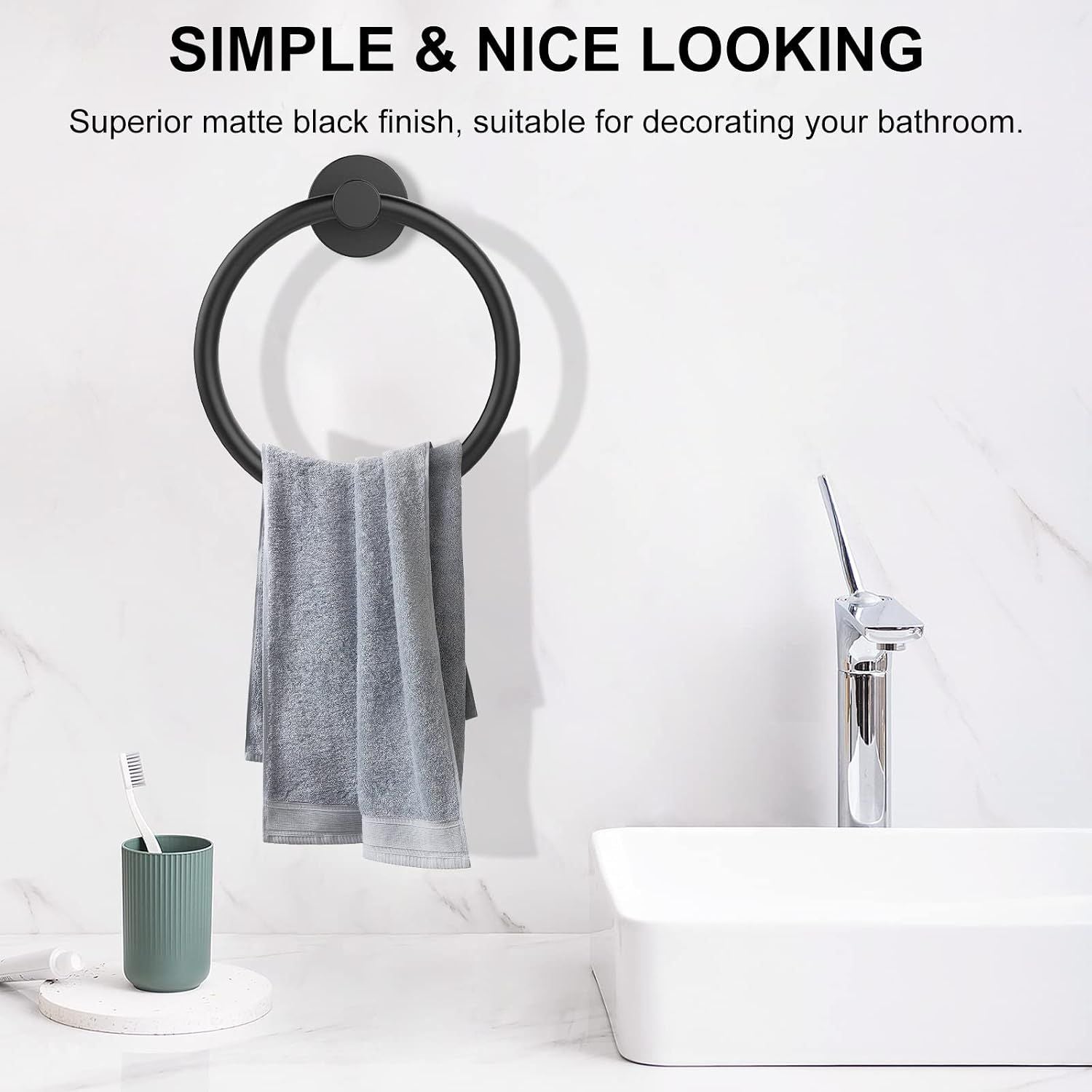 Towel Holder for Bathroom Wall Towel Ring, Stainless Steel Hand Towel Holder Heavy-Duty Towel Hanger for Bath, Kitchen, Matte Black