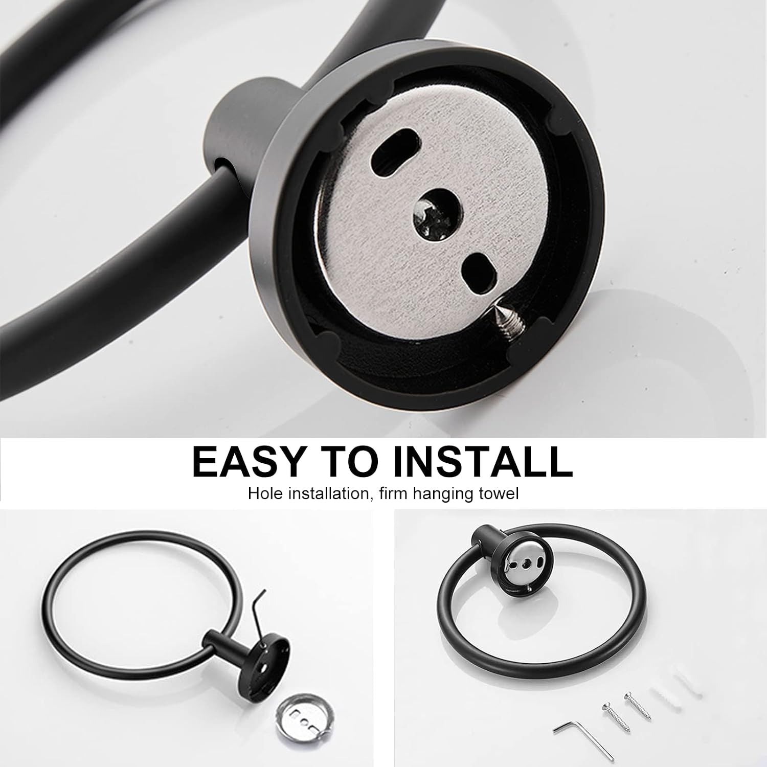 Towel Holder for Bathroom Wall Towel Ring, Stainless Steel Hand Towel Holder Heavy-Duty Towel Hanger for Bath, Kitchen, Matte Black