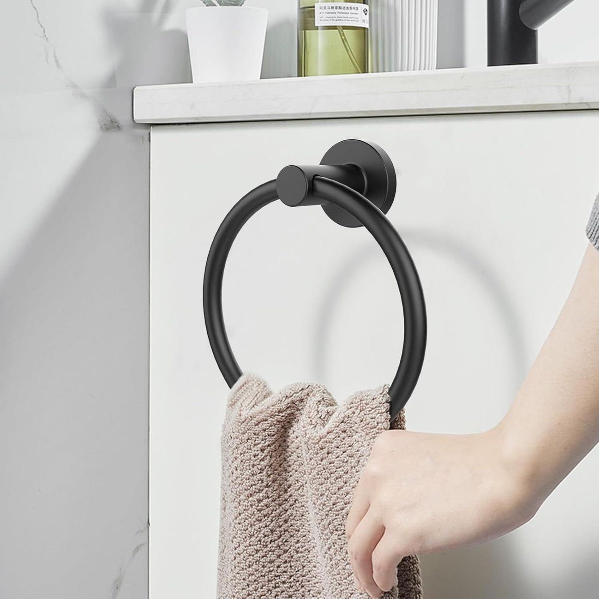 Towel Holder for Bathroom Wall Towel Ring, Stainless Steel Hand Towel Holder Heavy-Duty Towel Hanger for Bath, Kitchen, Matte Black