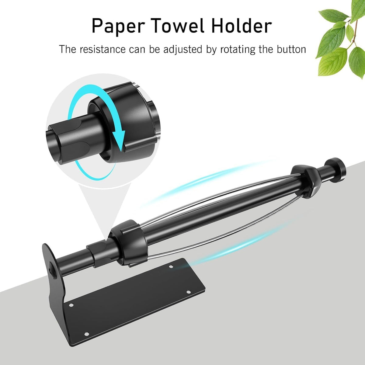 Under Cabinet Paper Towel Holder with Adjustable Damper, One-Hand Easy Tear Wall Mount for Kitchen or Bathroom, Black