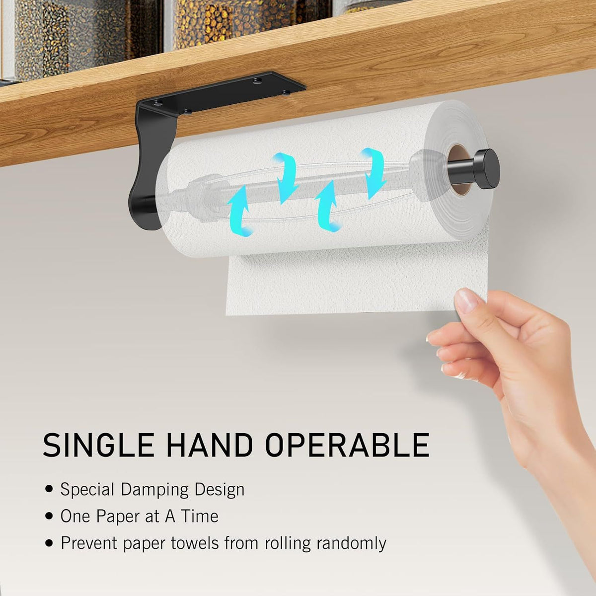 Under Cabinet Paper Towel Holder with Adjustable Damper, One-Hand Easy Tear Wall Mount for Kitchen or Bathroom, Black