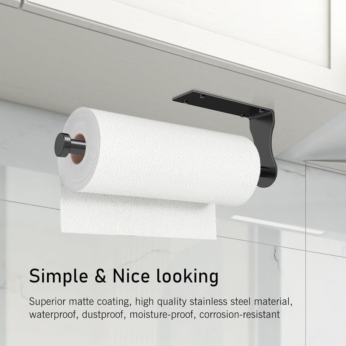 Under Cabinet Paper Towel Holder with Adjustable Damper, One-Hand Easy Tear Wall Mount for Kitchen or Bathroom, Black