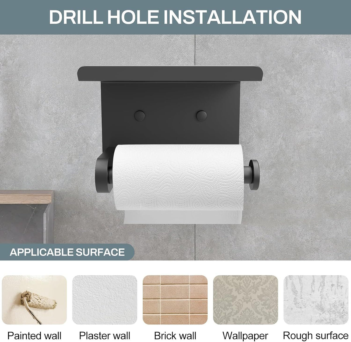 Toilet Paper Holder with Shelf, Adhesive or Screw-In Wall Mount, Waterproof Rustproof Stainless Steel Bathroom Tissue Holder, Matte Black