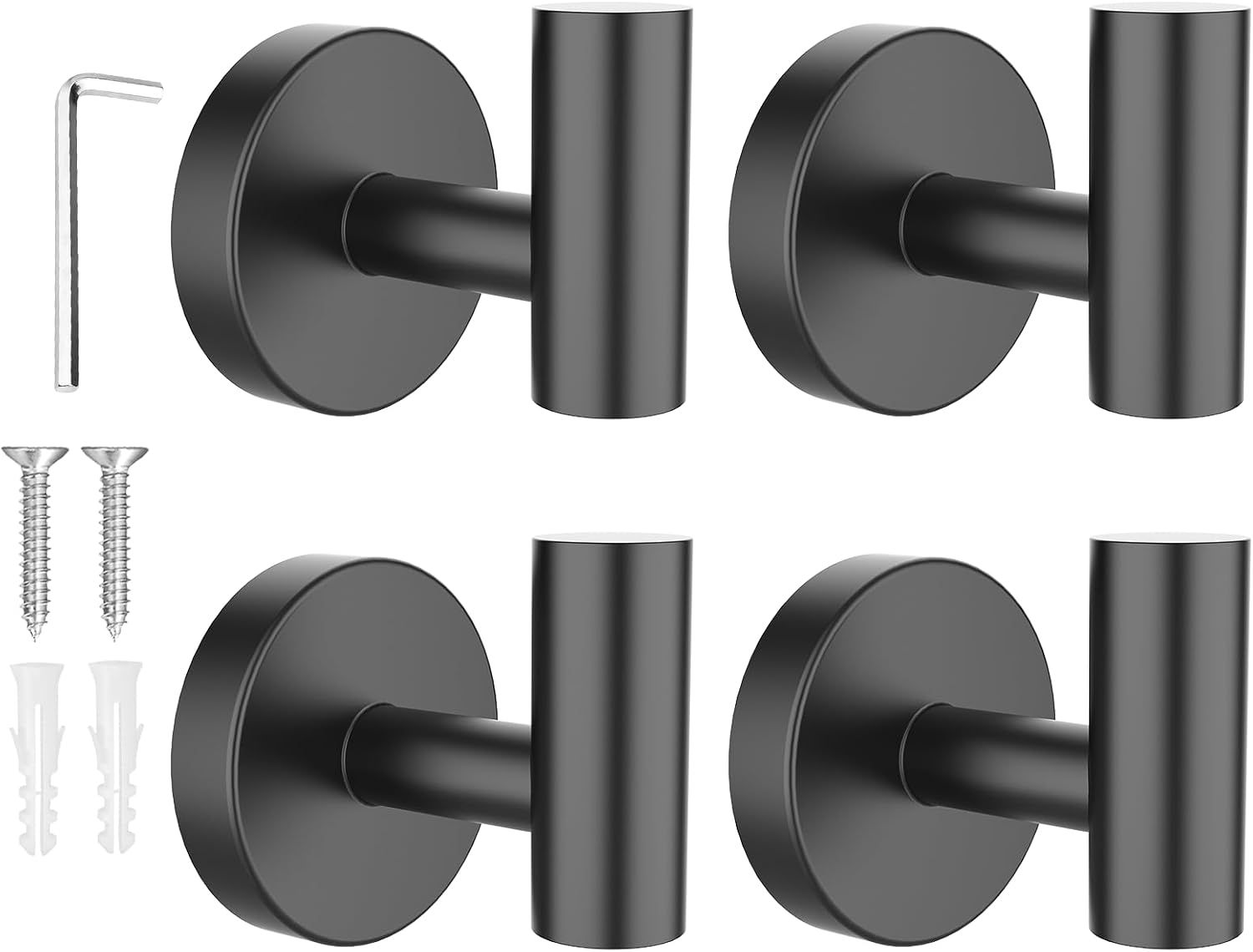 4 Pack Towel Hooks for Bathrooms Screw-in Bathroom Towel Hook Wall Mounted Stainless Steel Shower Towel Hooks for Coat Hanging, Matte Black