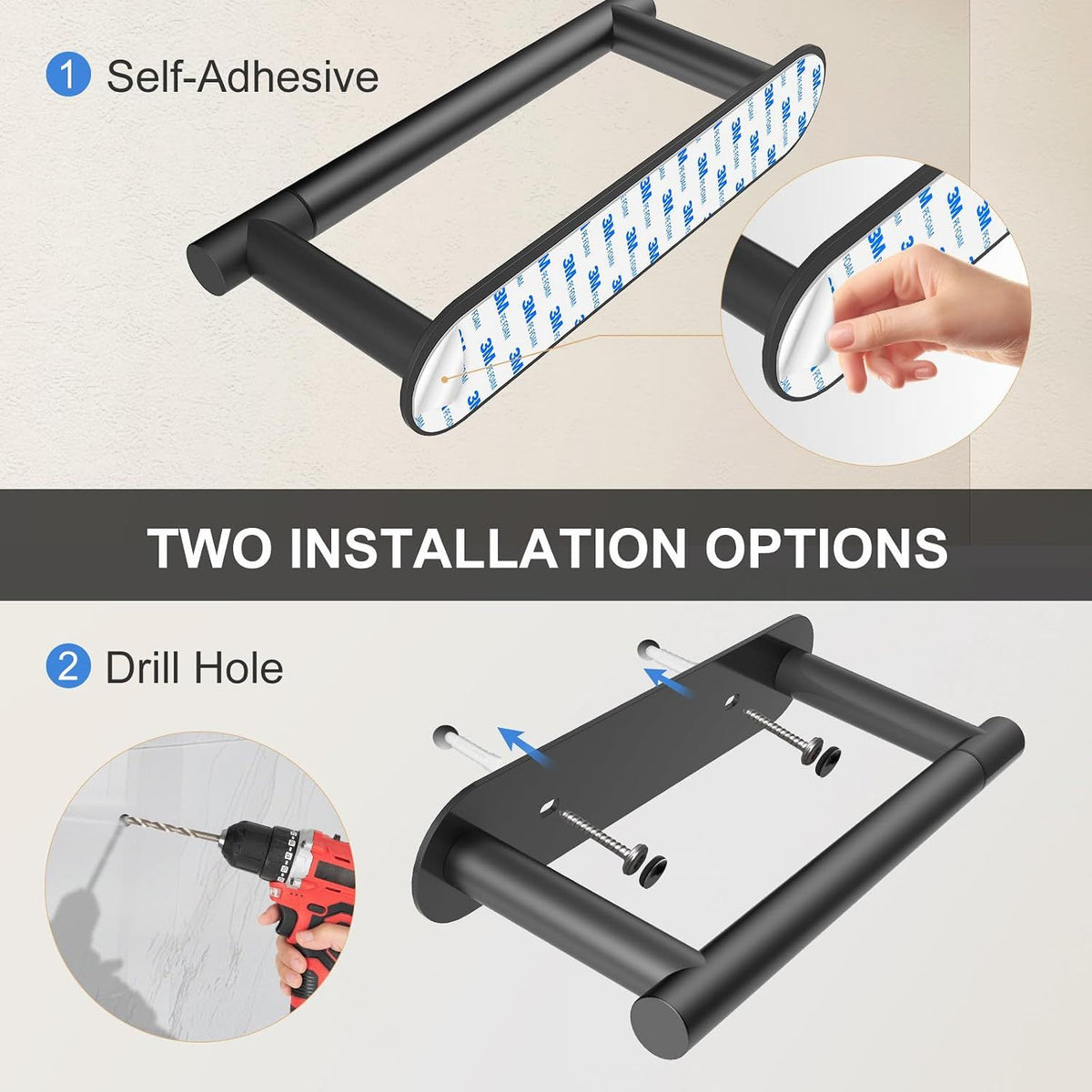 Toilet Paper Holder, Adhesive or Screw-In Wall Mount, Waterproof Rustproof Stainless Steel Bathroom Tissue Holder, Matte Black