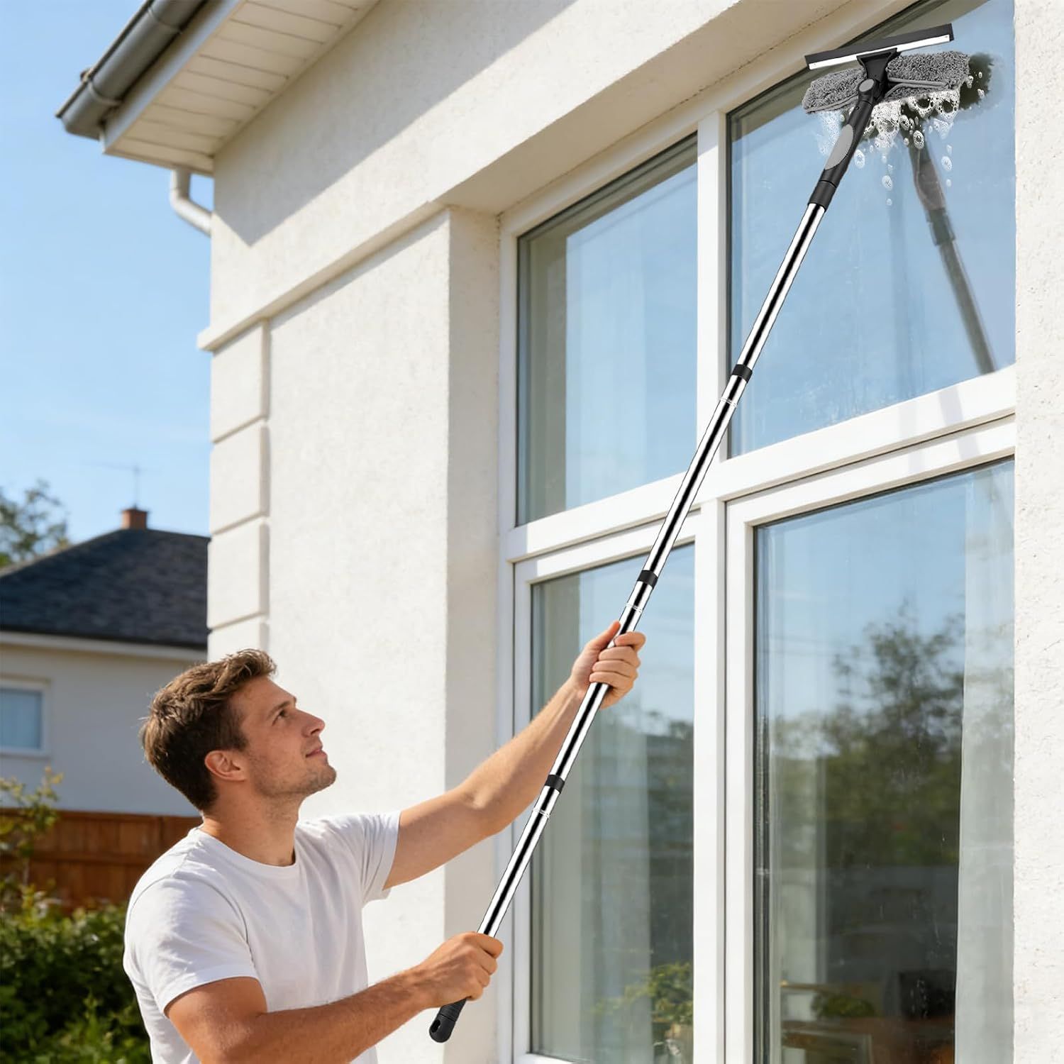 2-in-1 Window Squeegee Cleaning Kit with 10-Section Extension Pole, Rotating Head and 2 Scrubbers for Indoor, Outdoor and Car Glass, Black and Grey