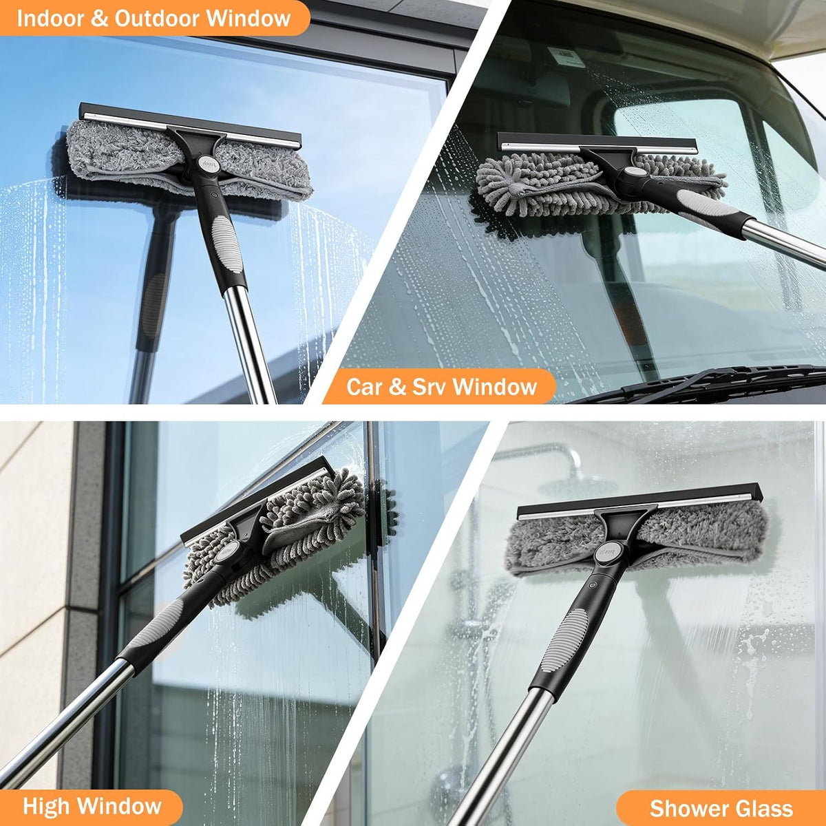 2-in-1 Window Squeegee Cleaning Kit with 10-Section Extension Pole, Rotating Head and 2 Scrubbers for Indoor, Outdoor and Car Glass, Black and Grey