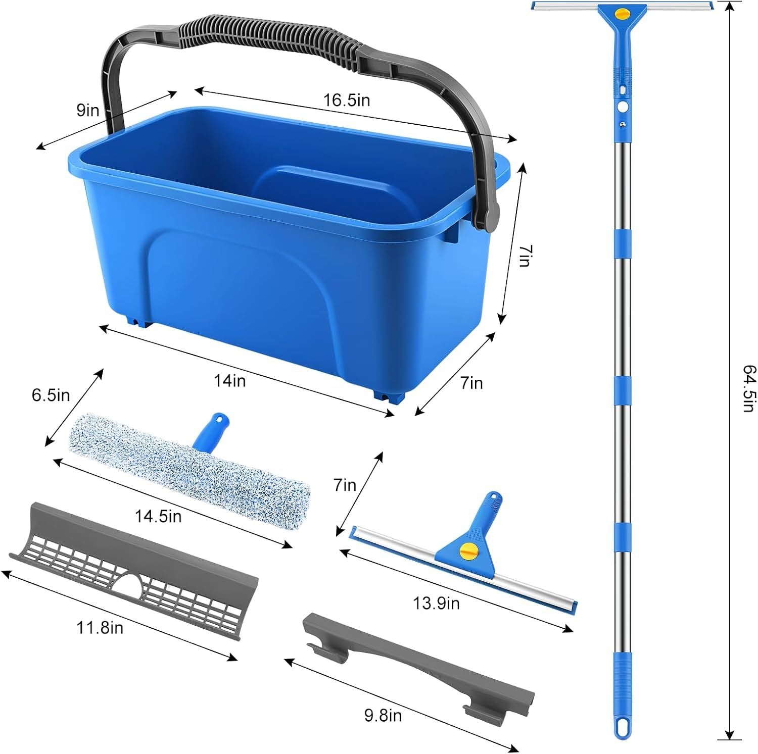 11 L Window Cleaning Kit with Bucket, Squeegee and Microfibre Scrubber for Home, Outdoor, Car and Commercial Glass, Blue, 163 cm