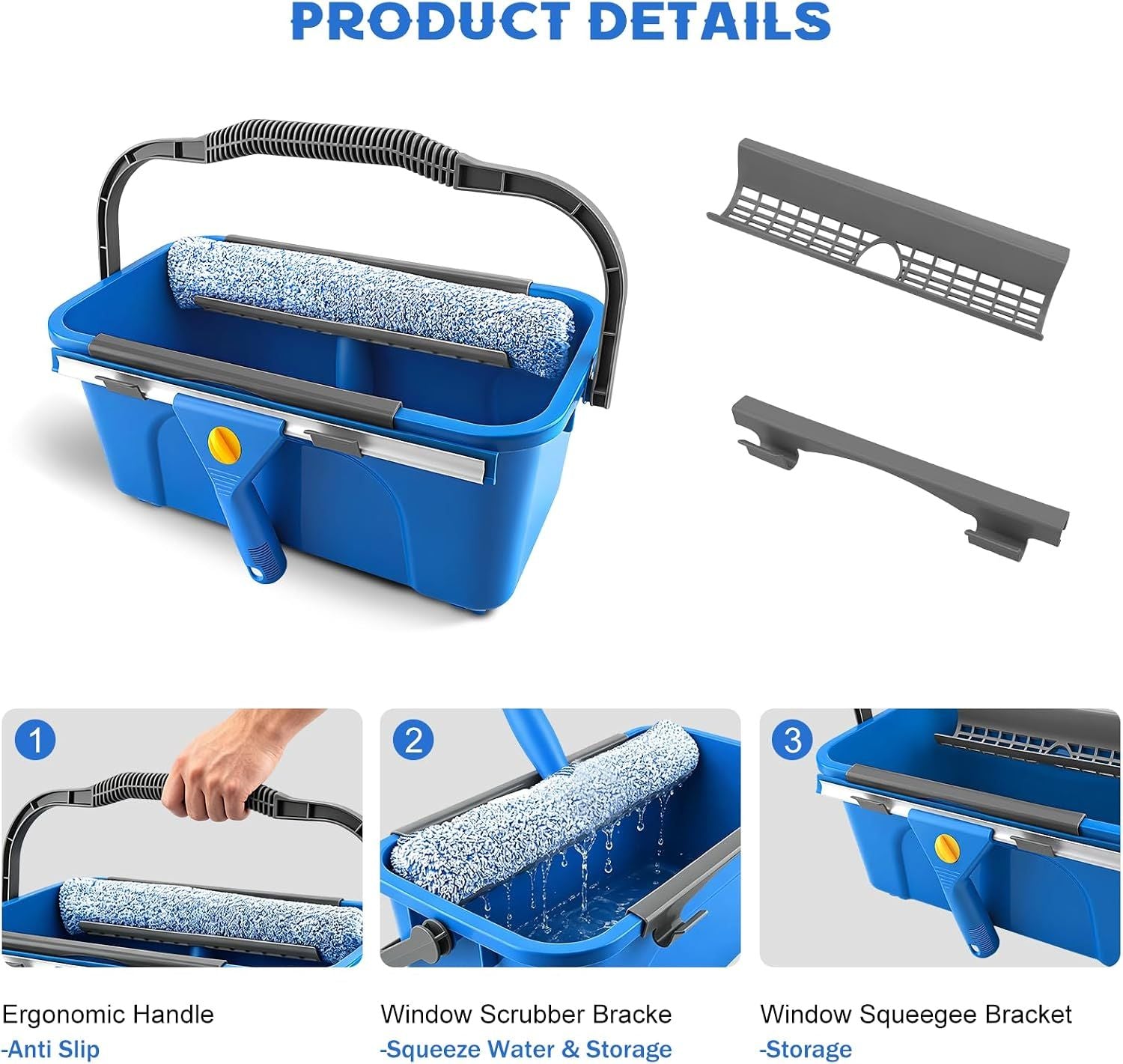 11 L Window Cleaning Kit with Bucket, Squeegee and Microfibre Scrubber for Home, Outdoor, Car and Commercial Glass, Blue, 163 cm