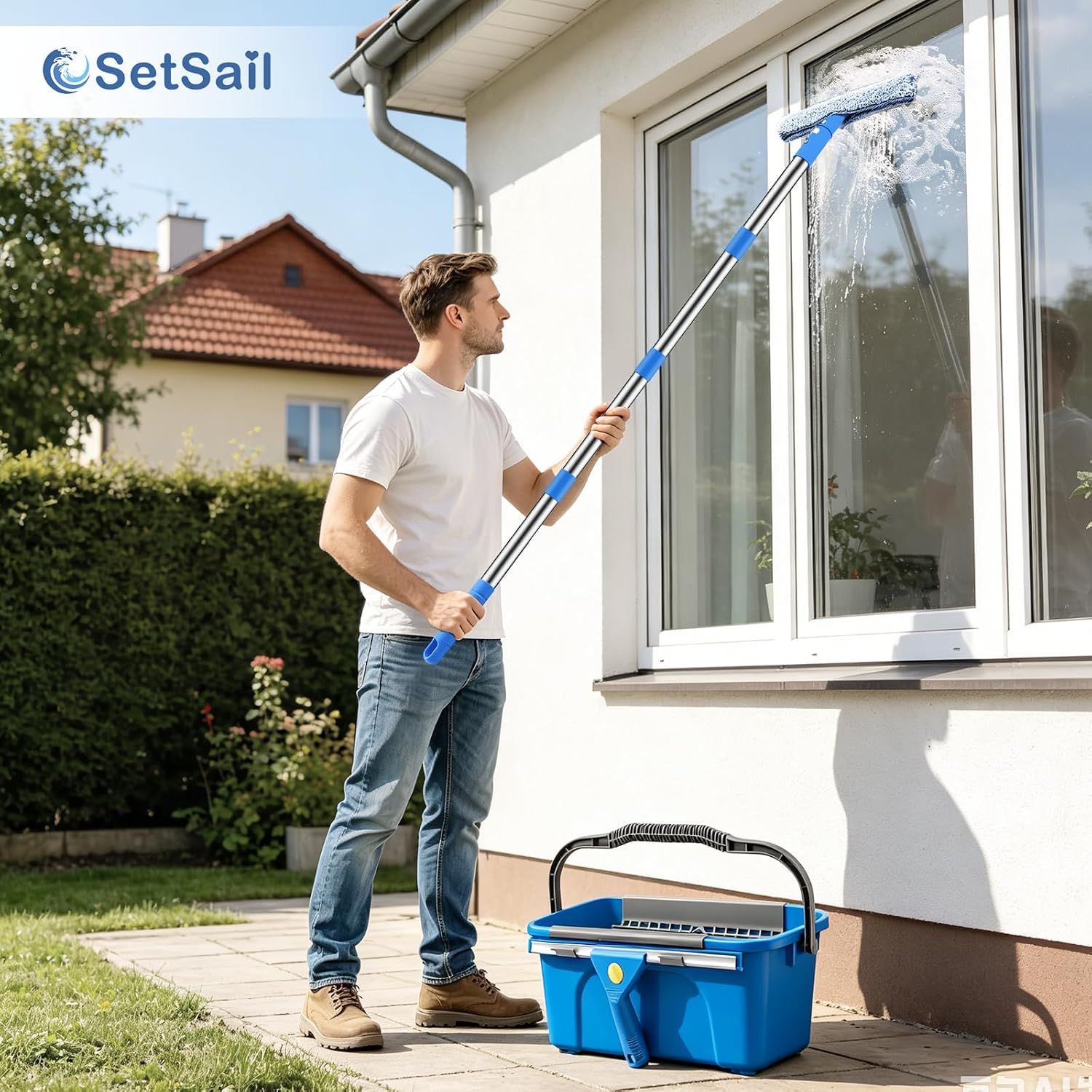 11 L Window Cleaning Kit with Bucket, Squeegee and Microfibre Scrubber for Home, Outdoor, Car and Commercial Glass, Blue, 163 cm