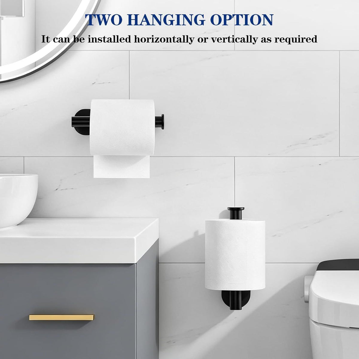 2 Pack Adhesive Toilet Paper Holders, No-Drill Waterproof Rustproof Stainless Steel Wall Mount Tissue Holders for Bathrooms, Matte Black