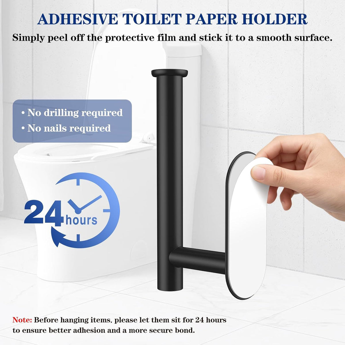 2 Pack Adhesive Toilet Paper Holders, No-Drill Waterproof Rustproof Stainless Steel Wall Mount Tissue Holders for Bathrooms, Matte Black