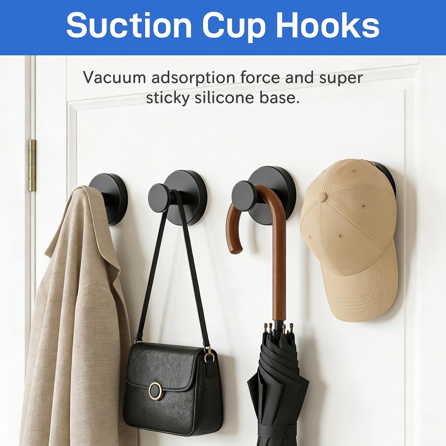 4 Pack Suction Cup Towel Hooks, No-Drill Stainless Steel Wall Hooks for Shower Glass, Bathrooms, Kitchens, Towels and Coats, Matte Black