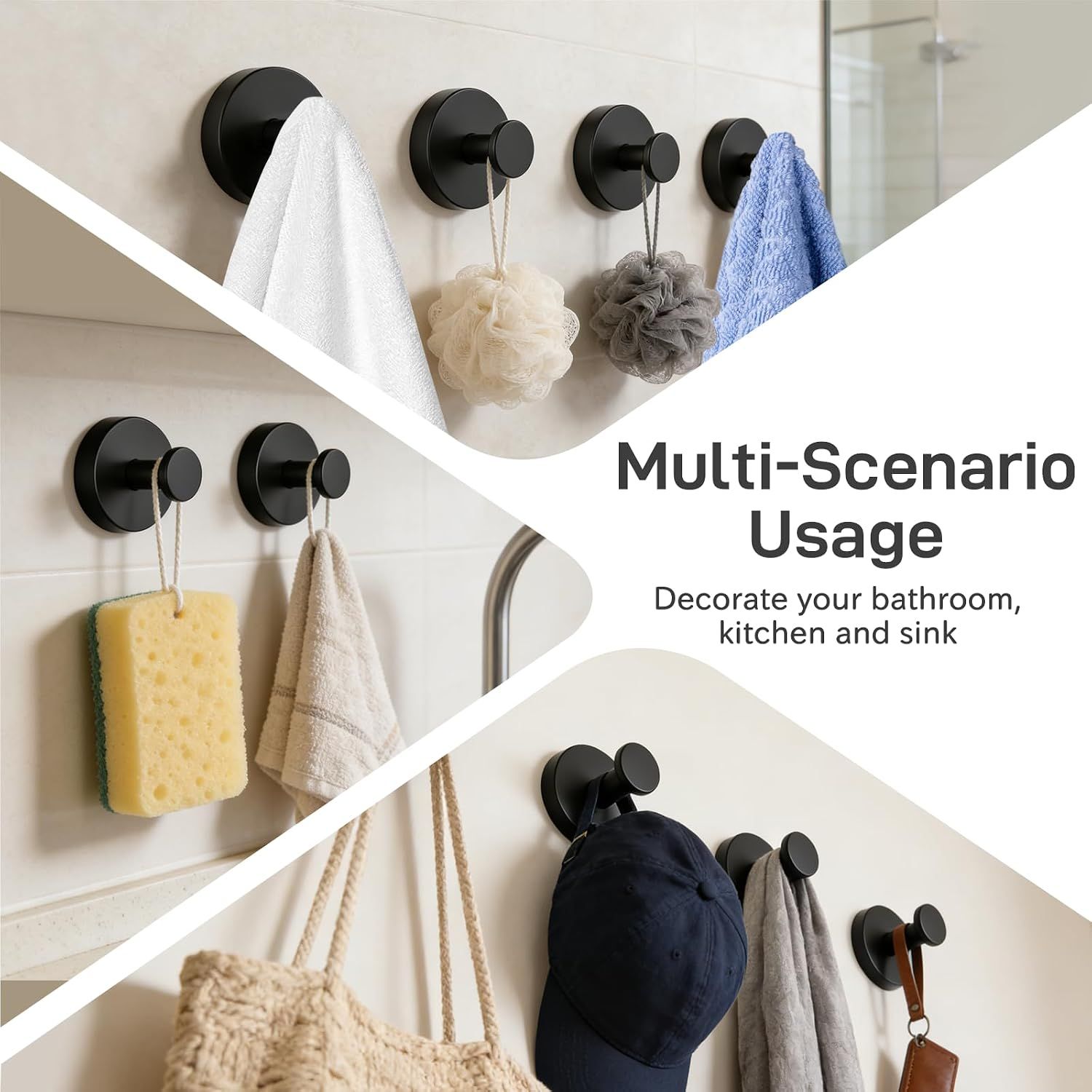 4 Pack Suction Cup Towel Hooks, No-Drill Stainless Steel Wall Hooks for Shower Glass, Bathrooms, Kitchens, Towels and Coats, Matte Black