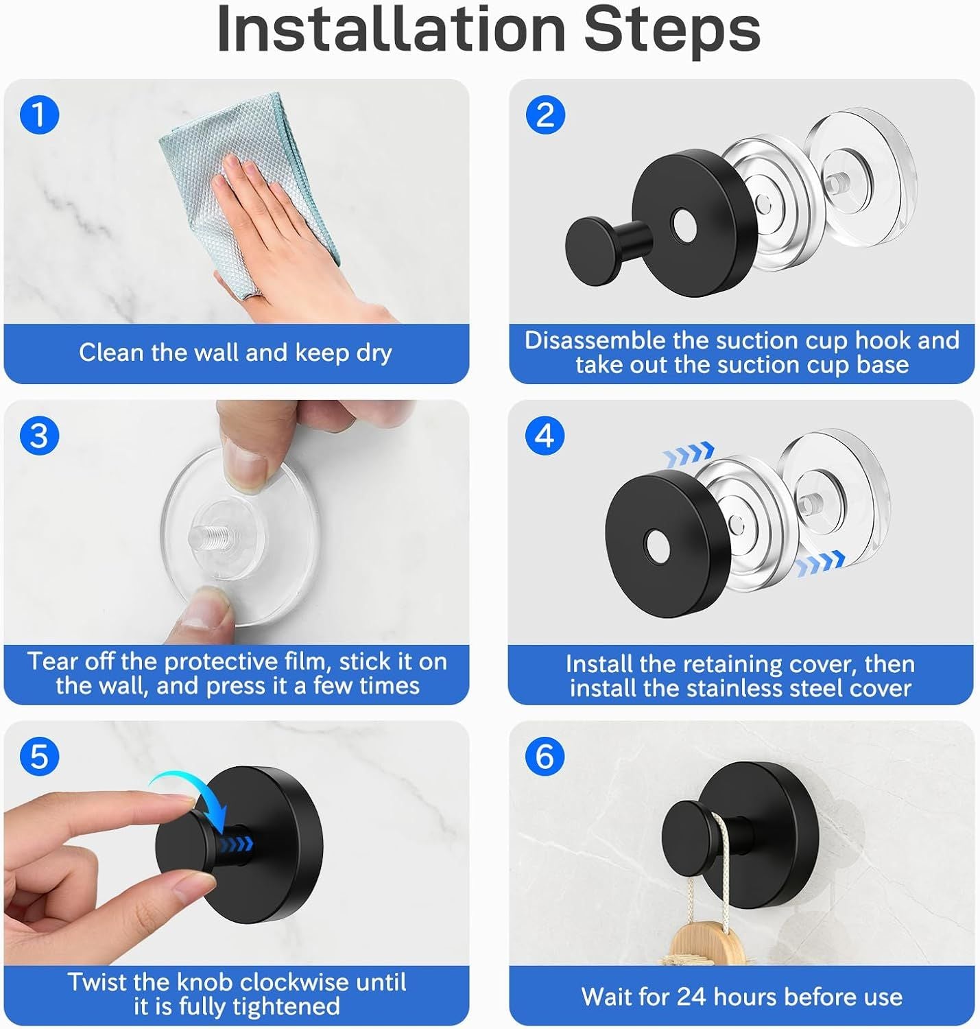 4 Pack Suction Cup Towel Hooks, No-Drill Stainless Steel Wall Hooks for Shower Glass, Bathrooms, Kitchens, Towels and Coats, Matte Black