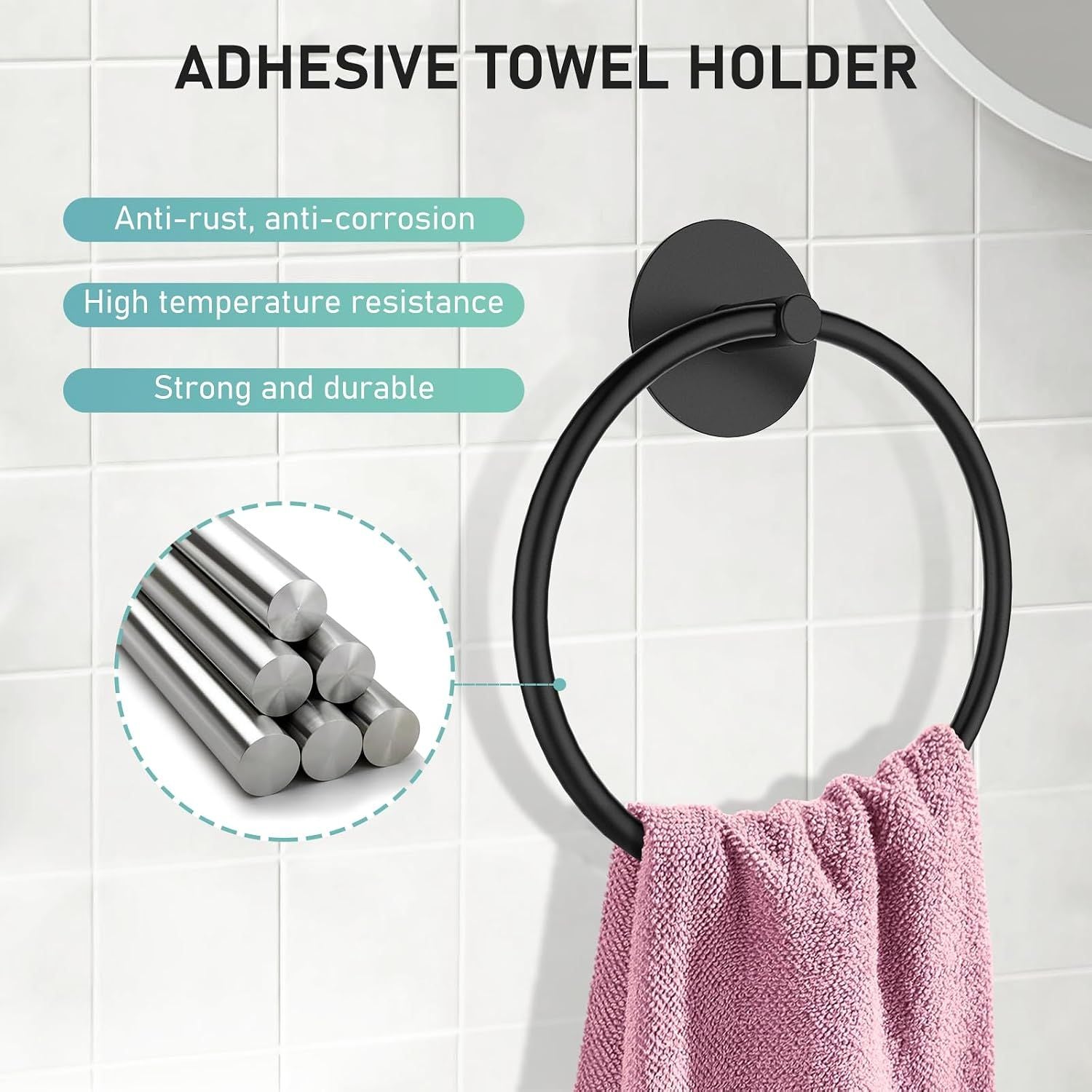 Adhesive Hand Towel Ring, Heavy-Duty Stainless Steel Wall-Mount Towel Holder for Bathroom and Kitchen, No-Drill Installation, Matte Black