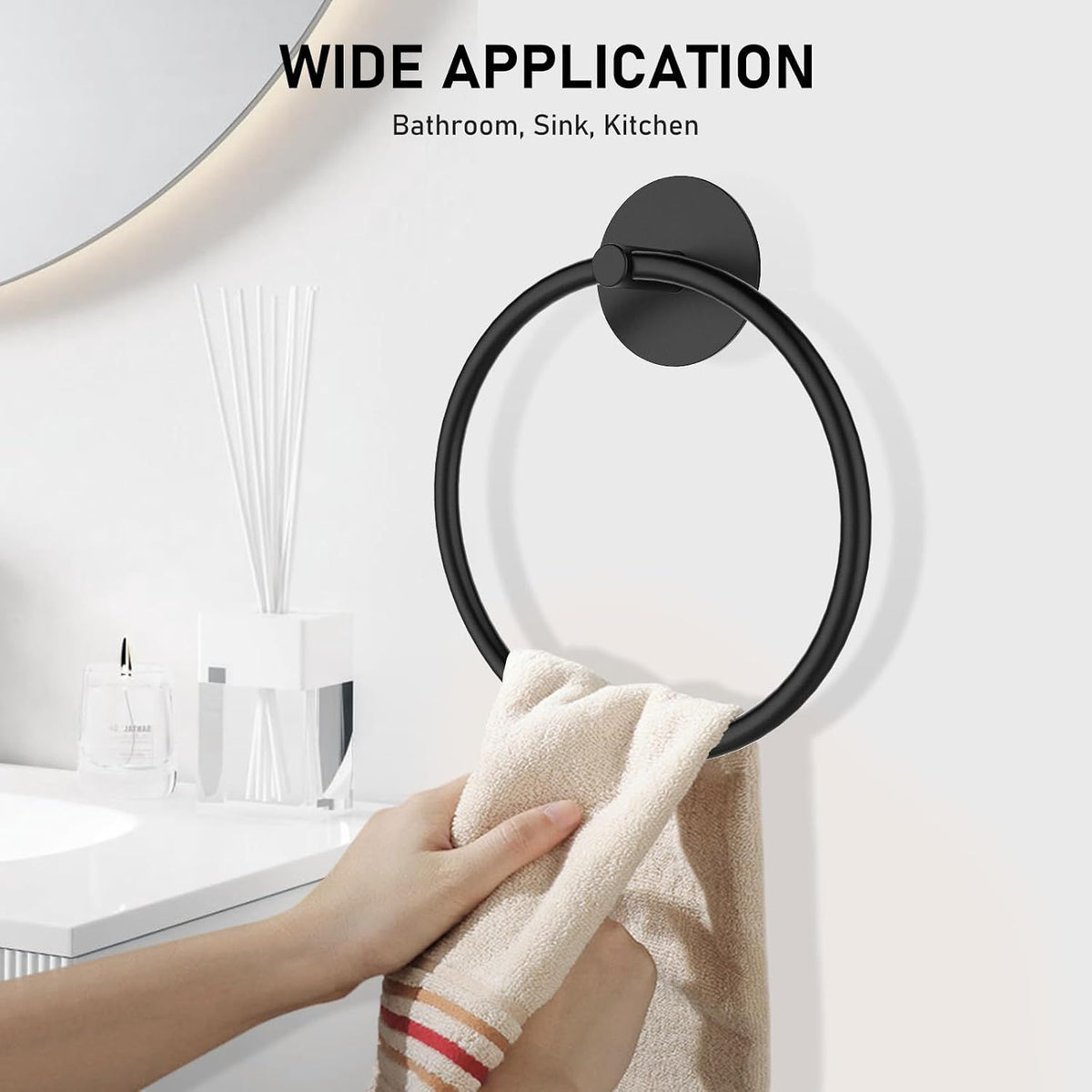 Adhesive Hand Towel Ring, Heavy-Duty Stainless Steel Wall-Mount Towel Holder for Bathroom and Kitchen, No-Drill Installation, Matte Black