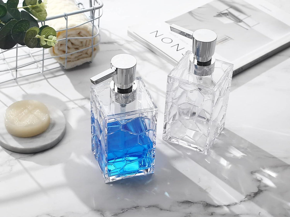 2 Pack Clear Acrylic Soap Dispensers, Rust-Resistant Pump Bottles for Hand Soap, Lotion, Shampoo and Dish Soap, Clear