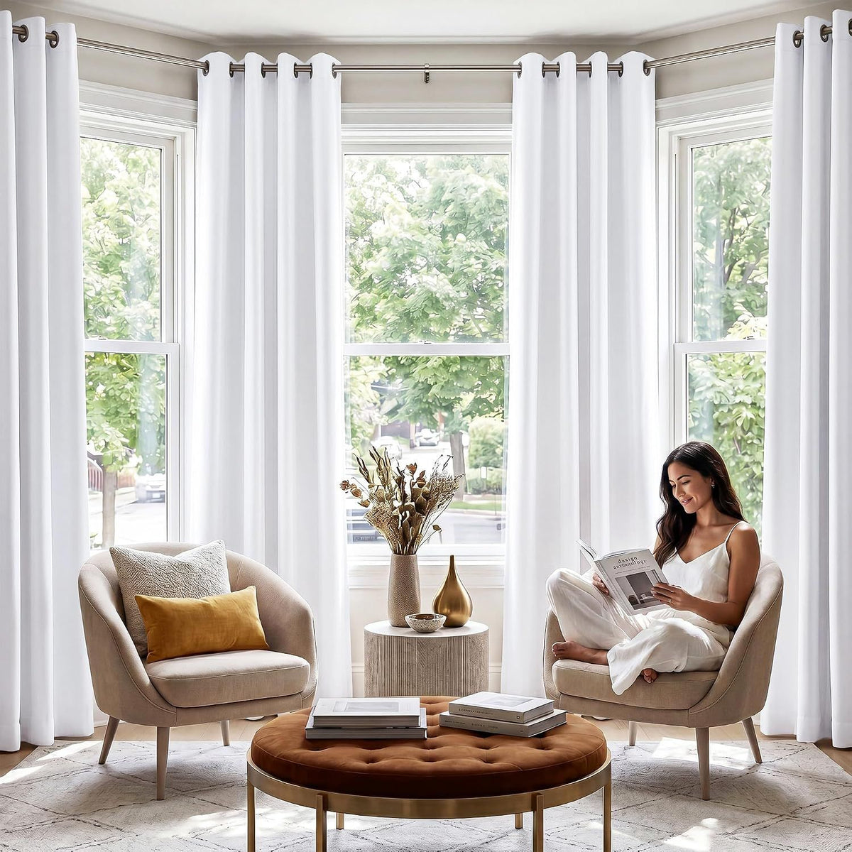 2 Pack 100% Blackout Curtains for Bedroom, Thermal Insulated Grommet Drapes for Light and Heat Blocking, Nursery and Living Room, White, 213 cm