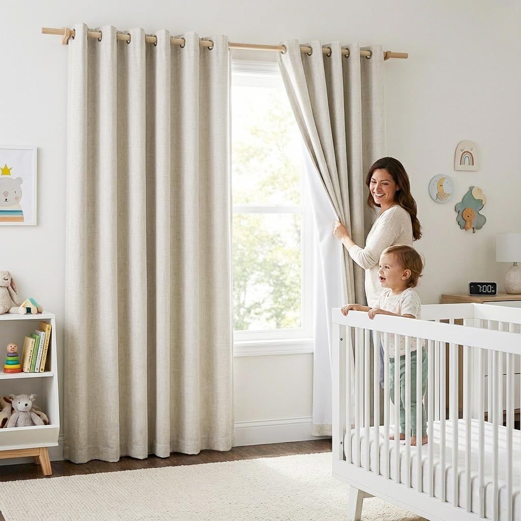 2 Pack Natural 100% Blackout Linen Curtains, Farmhouse Thermal Insulated Drapes for Living Room and Bedroom, Natural, 132 x 213 cm