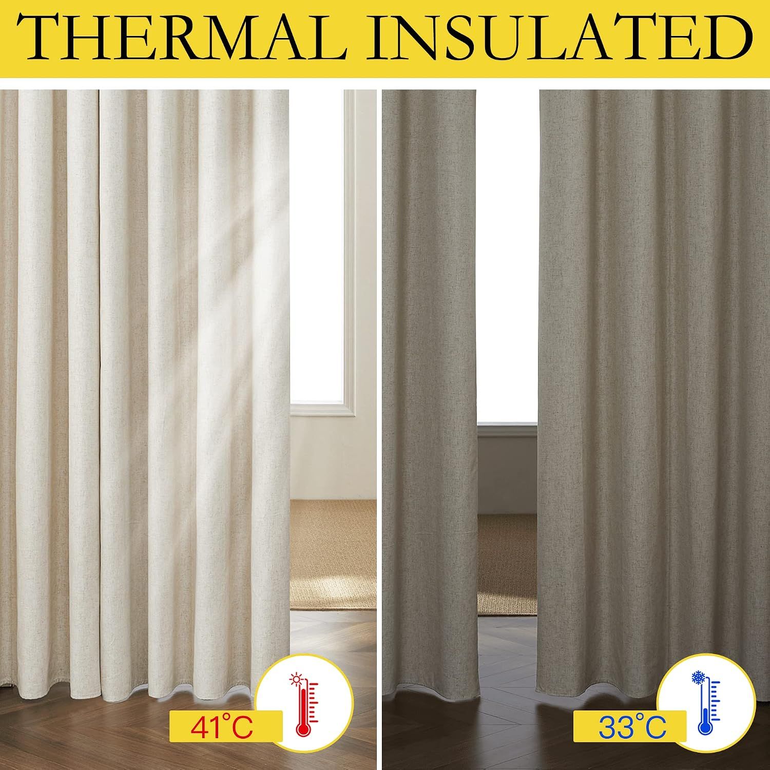 2 Pack Natural 100% Blackout Linen Curtains, Farmhouse Thermal Insulated Drapes for Living Room and Bedroom, Natural, 132 x 213 cm