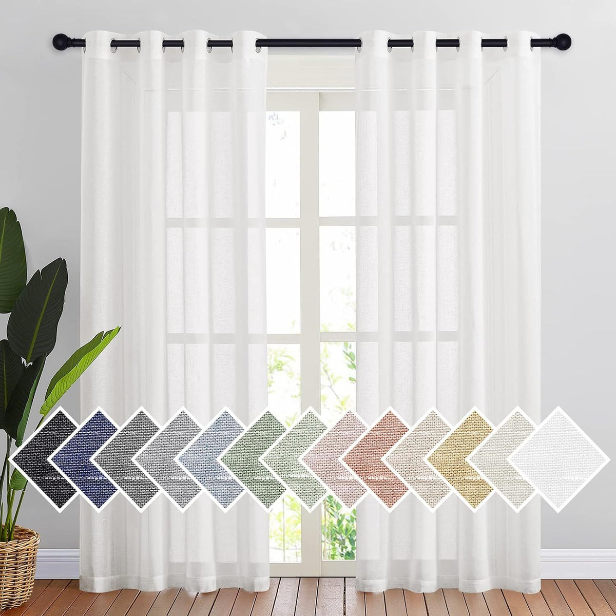 2 Pack White Sheer Linen Curtains, Grommet Light-Filtering Window Drapes for Bedroom and Living Room, White, 132 x 213 cm