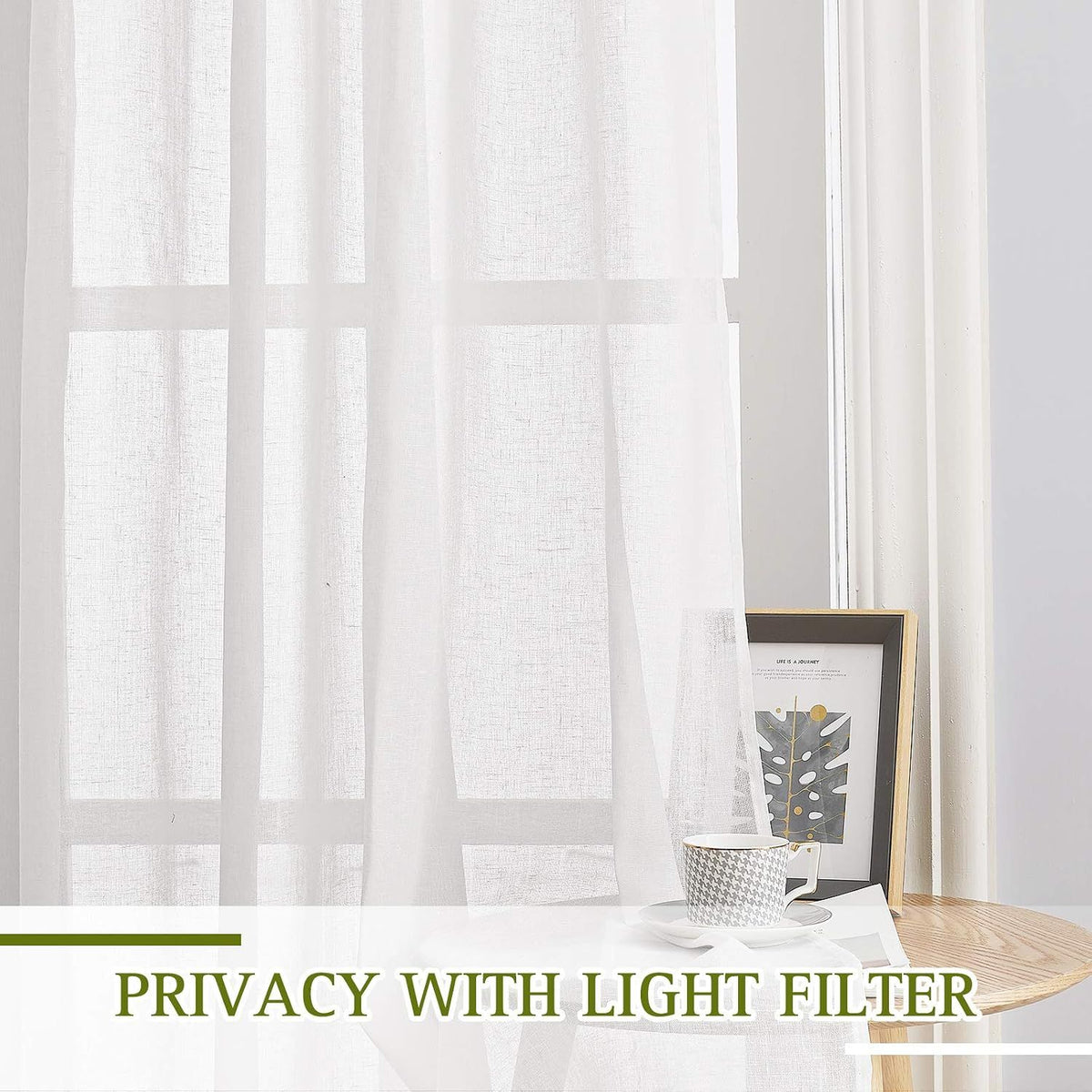 2 Pack White Sheer Linen Curtains, Grommet Light-Filtering Window Drapes for Bedroom and Living Room, White, 132 x 213 cm