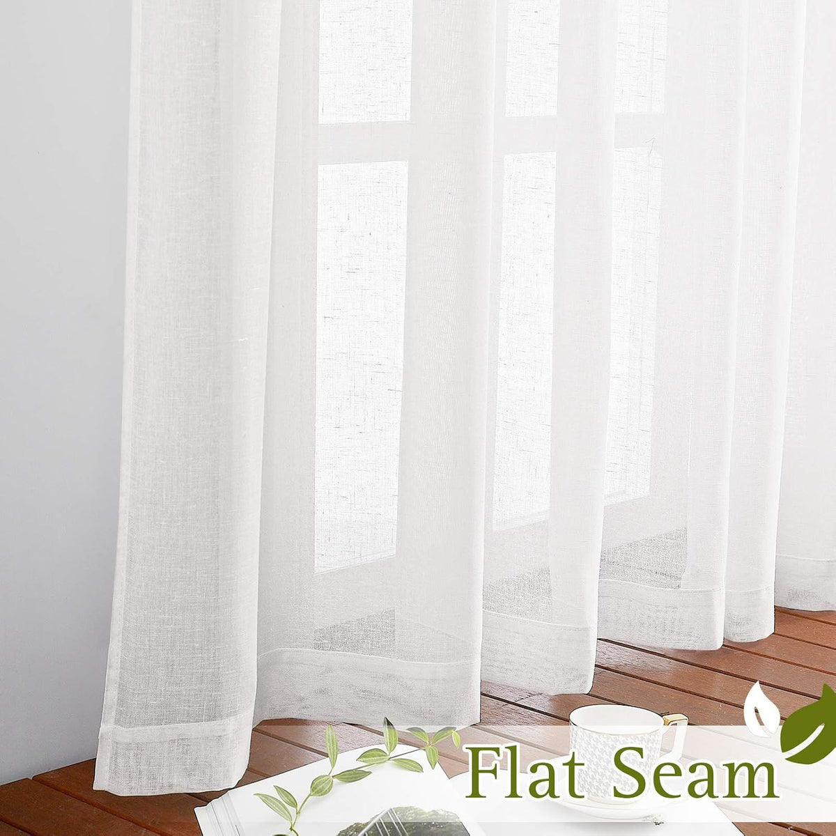 2 Pack White Sheer Linen Curtains, Grommet Light-Filtering Window Drapes for Bedroom and Living Room, White, 132 x 213 cm