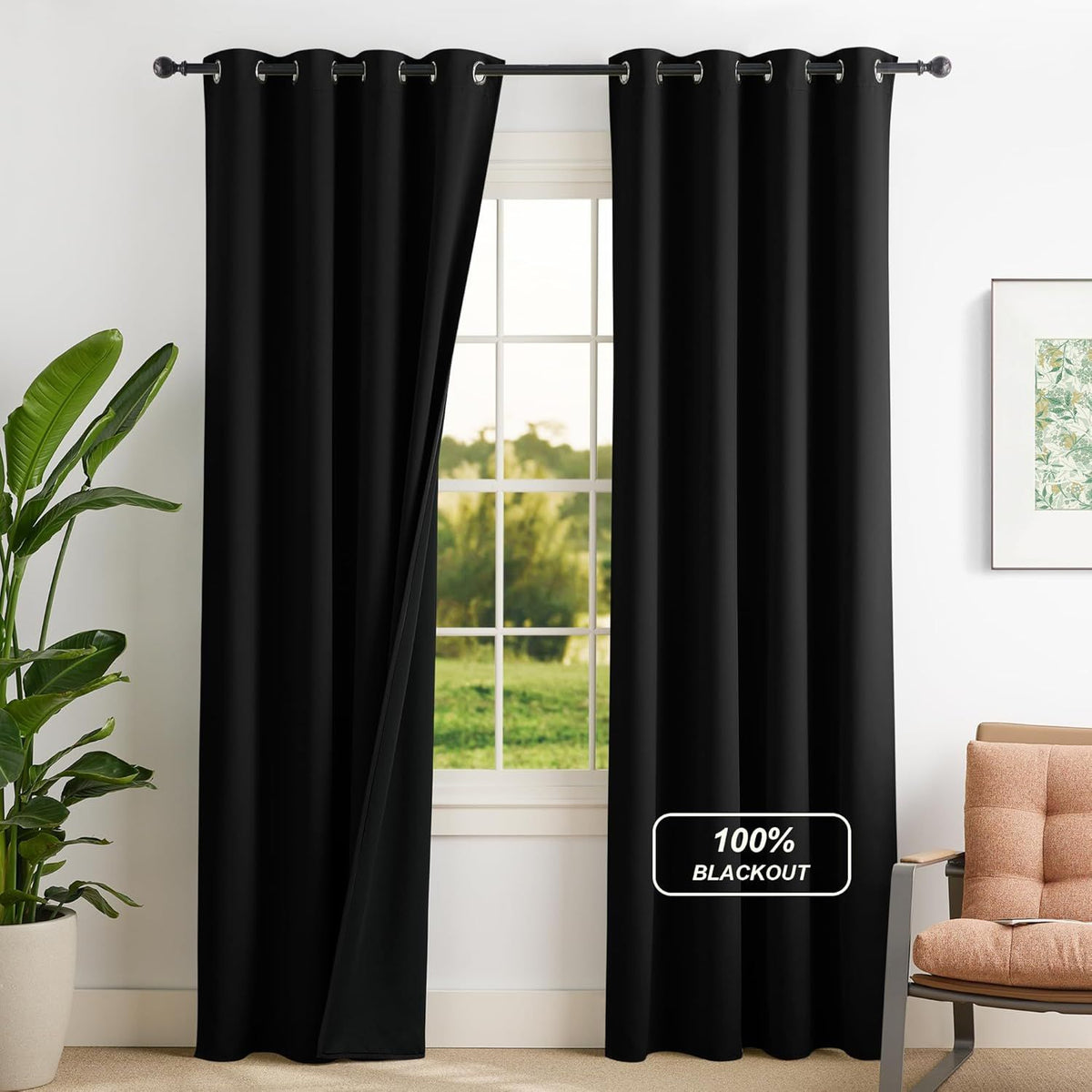 2 Pack 100% Blackout Curtains for Bedroom, Thermal Insulated Grommet Drapes for Living Room and Light Blocking, Black, 132 x 213 cm