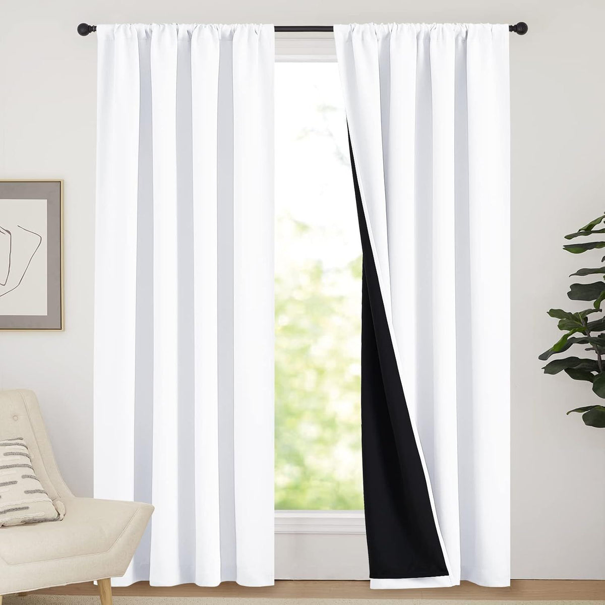 2 Pack White Blackout Curtains for Bedroom, Thermal Insulated Rod Pocket Drapes for Light Blocking and Noise Reduction, White, 132 x 213 cm