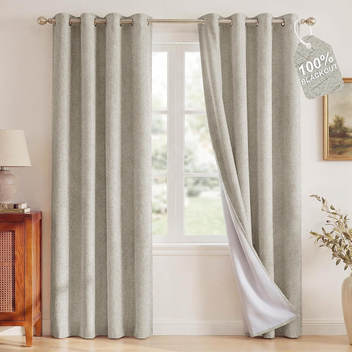 2 Pack Beige 100% Blackout Linen Curtains, Thermal Insulated Grommet Drapes for Bedroom and Living Room, Beige, 132 x 213 cm