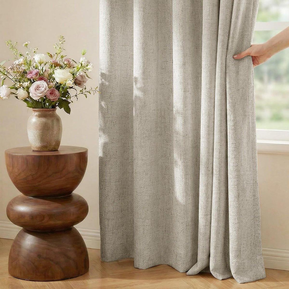 2 Pack Beige 100% Blackout Linen Curtains, Thermal Insulated Grommet Drapes for Bedroom and Living Room, Beige, 132 x 213 cm