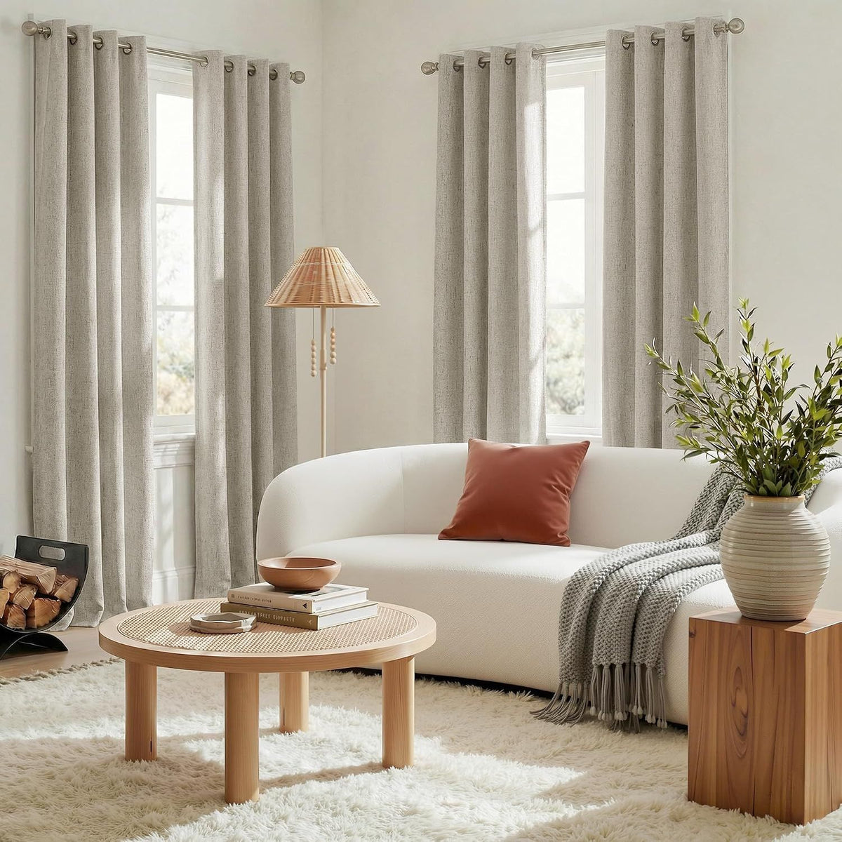 2 Pack Beige 100% Blackout Linen Curtains, Thermal Insulated Grommet Drapes for Bedroom and Living Room, Beige, 132 x 213 cm