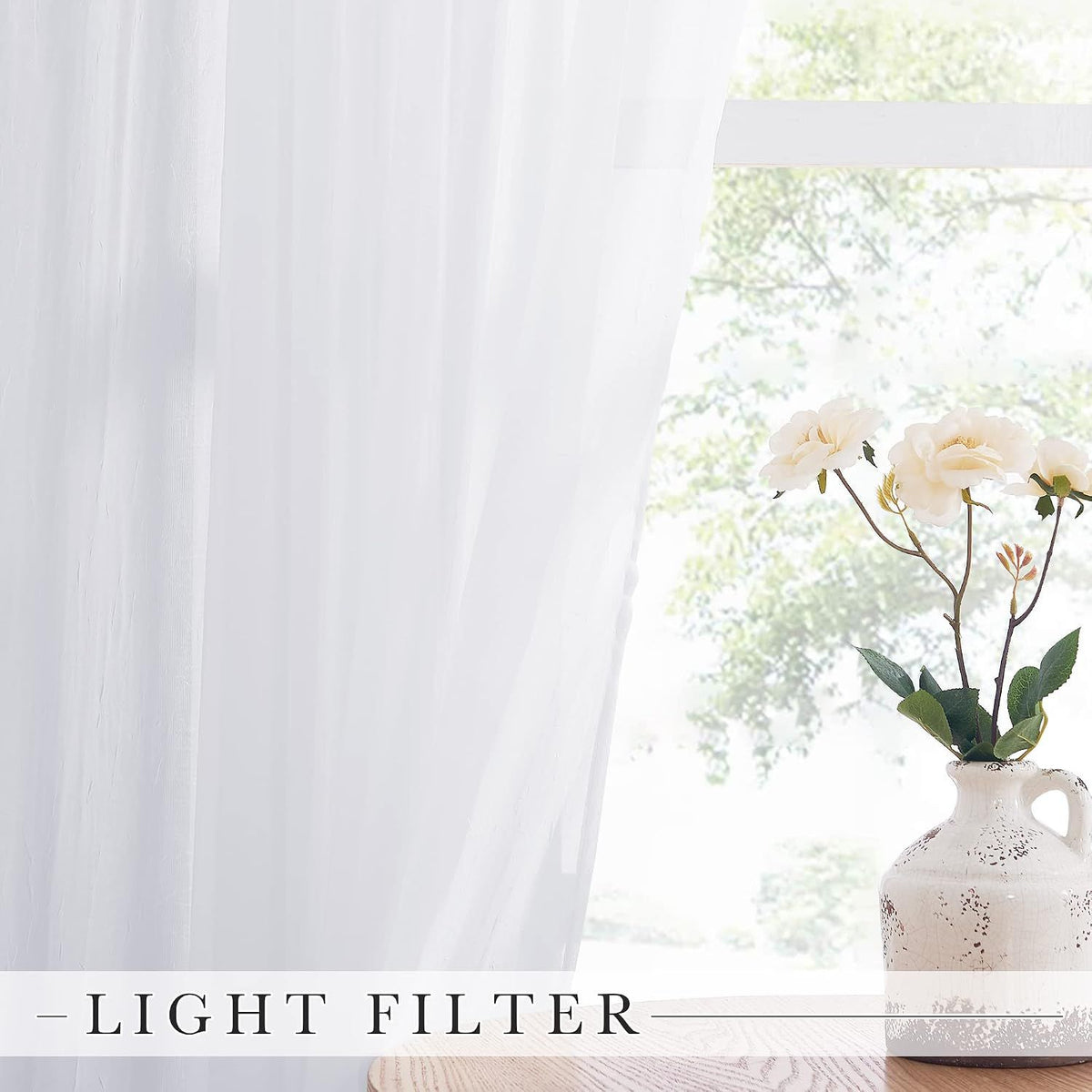 2 Pack White Sheer Voile Curtains, Crinkled Lightweight Grommet Window Drapes for Bedroom, Cottage and Farmhouse, White, 132 x 213 cm