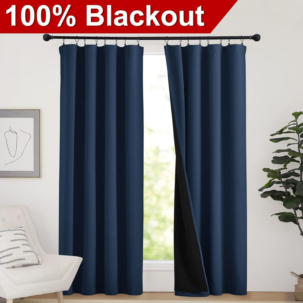 2 Pack 100% Blackout Curtains, Thermal Insulated Window Drapes for Bedroom, Guest Room and Shift Workers, Navy, 132 x 213 cm