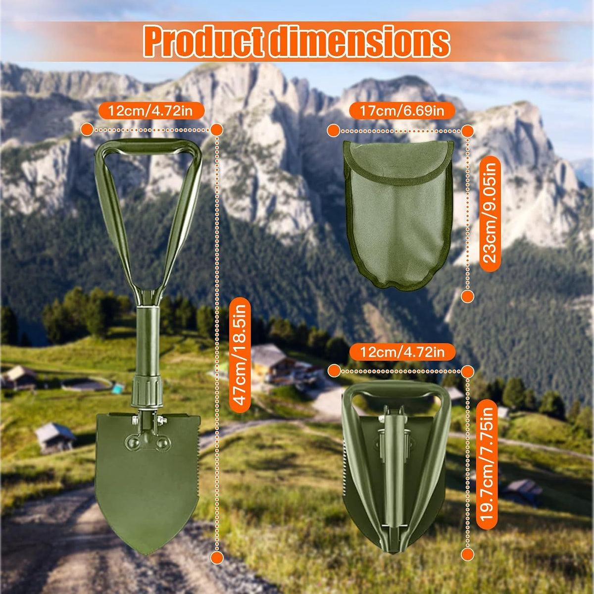 Camping Shovel, Digging Shovel Portable Ergonomic High Carbon Steel Folding Shovel for All Occasions Outdoor Camping Hiking, Green, 47 cm