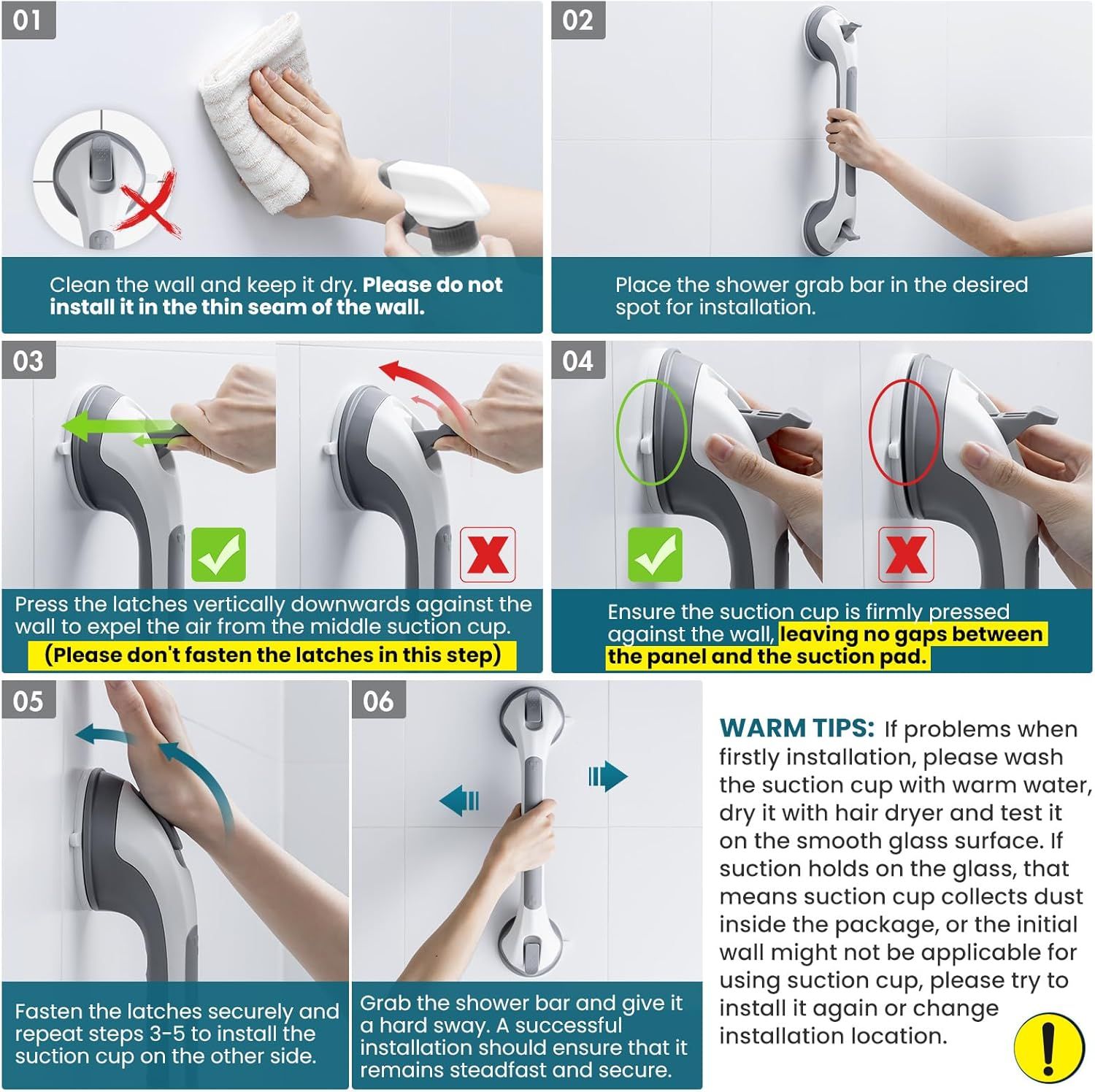 2 Pack Suction Grab Bars for Shower, No-Drill Removable Safety Handles for Bathtubs, Toilets and Seniors, Grey, 43 cm