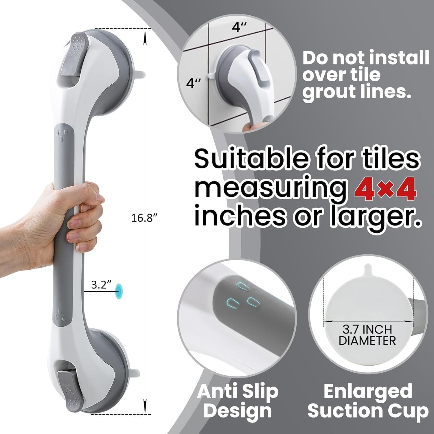 2 Pack Suction Grab Bars for Shower, No-Drill Removable Safety Handles for Bathtubs, Toilets and Seniors, Grey, 43 cm