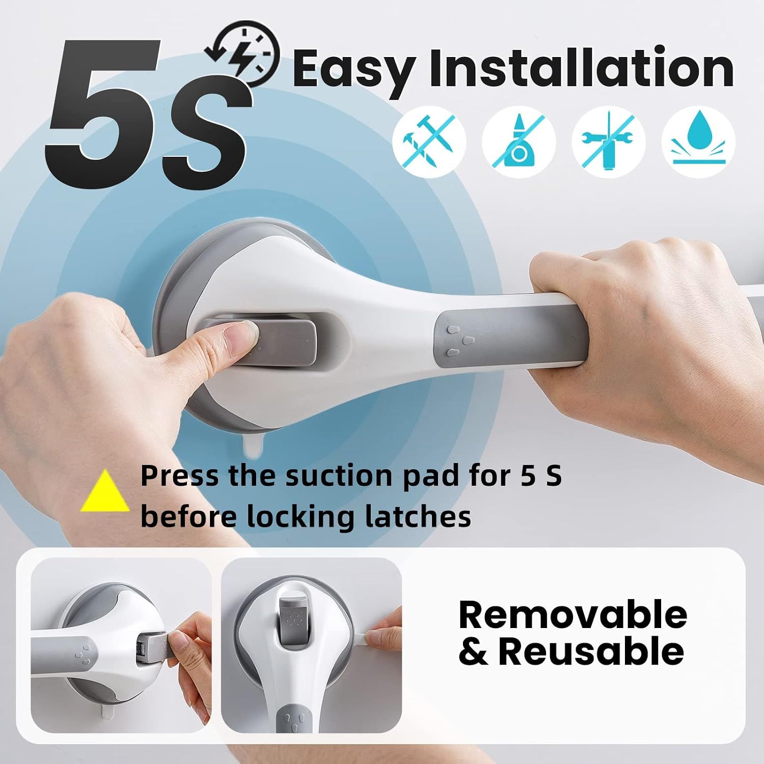 2 Pack Suction Grab Bars for Shower, No-Drill Removable Safety Handles for Bathtubs, Toilets and Seniors, Grey, 43 cm