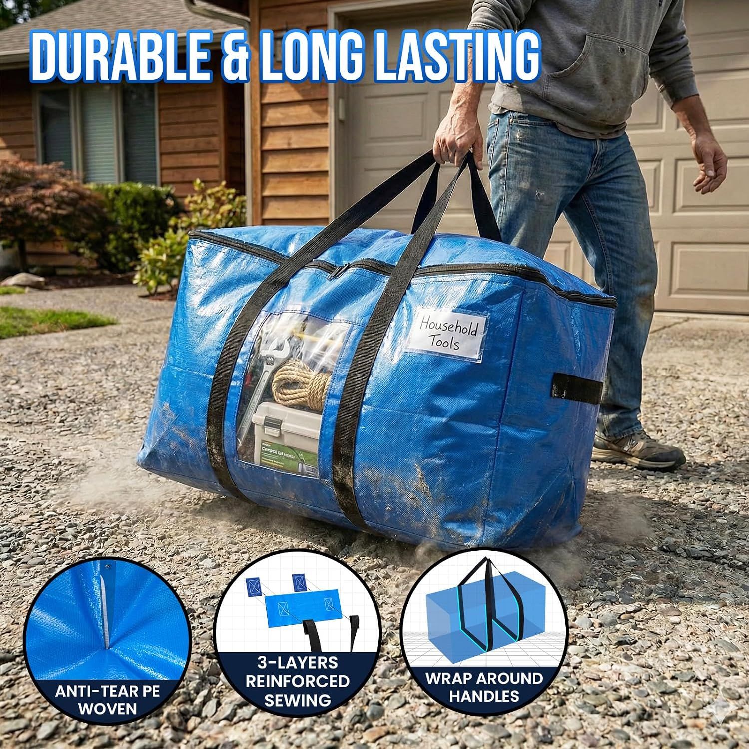 4 Pack Extra Large Moving Bags, Storage Bags with Visible Window, 93L Heavy-Duty Totes For Storage, Wrap Around Handles, Blue