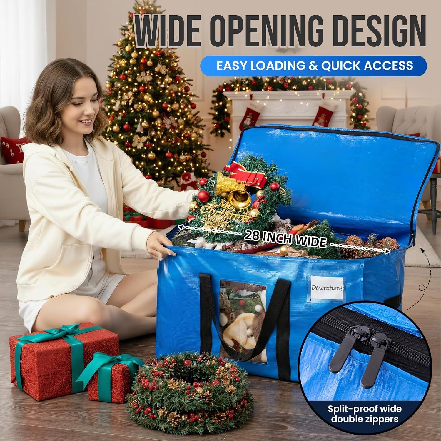 4 Pack Extra Large Moving Bags, Storage Bags with Visible Window, 93L Heavy-Duty Totes For Storage, Wrap Around Handles, Blue